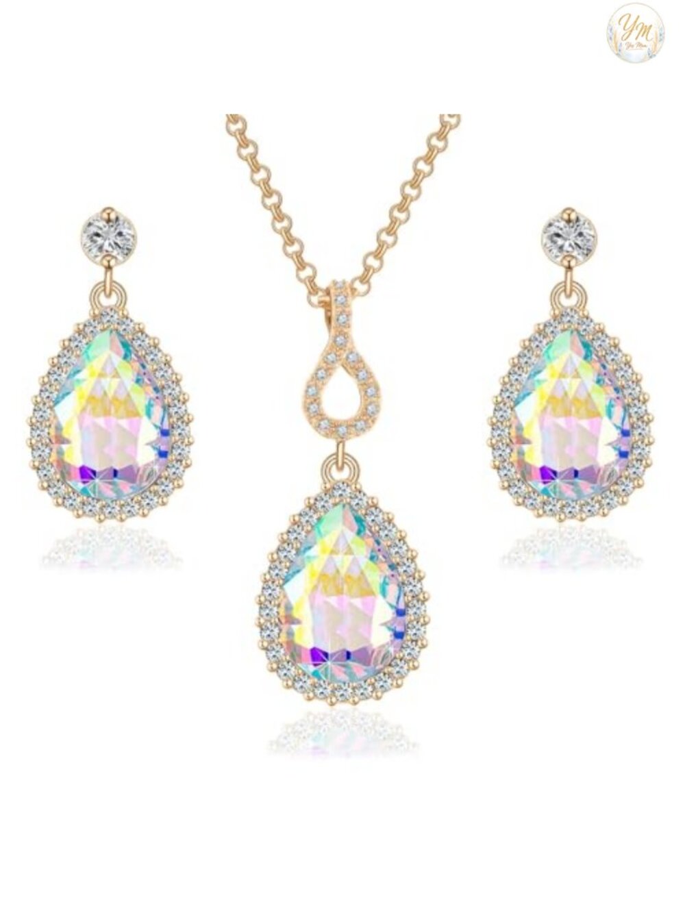 14K Gold Plated Austrian Crystal Teardrop Necklace Earrings Set